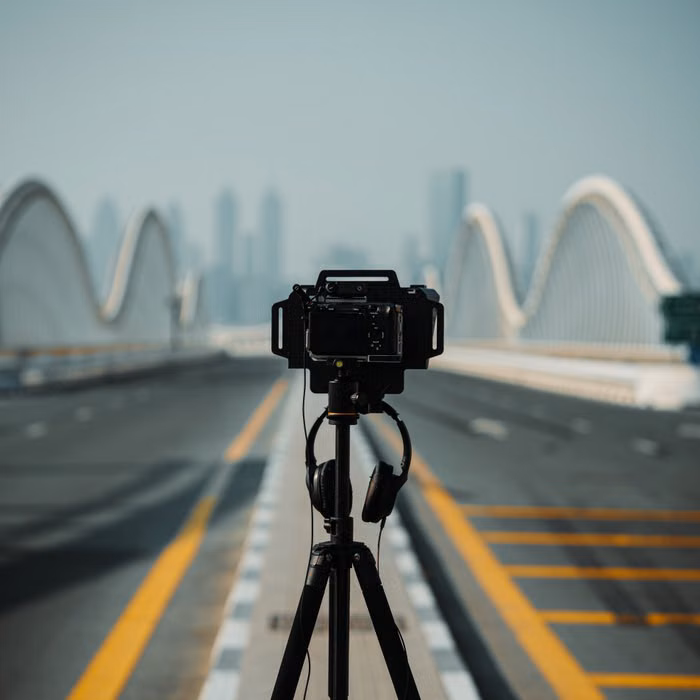 Cinematic video camera filming an urban creative project